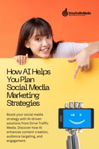 woman-pointing-on-a-robotic-arm-with-phone-blog-title-How-AI-Helps-You-Plan-Social-Media-Marketing-Strategies-Pinterest-Pin